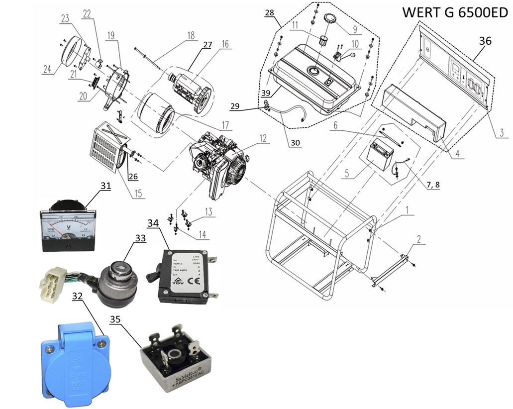 ЗАПЧАСТИ ДЛЯ ГЕНЕРАТОРА БЕНЗИНОВОГО WERT G 6500ED (ОБЩАЯ)