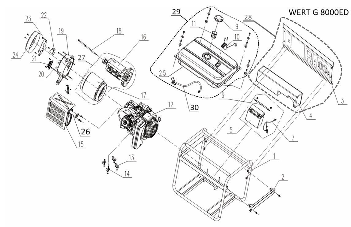 ЗАПЧАСТИ ДЛЯ ГЕНЕРАТОРА БЕНЗИНОВОГО WERT G 8000ED (ОБЩАЯ)