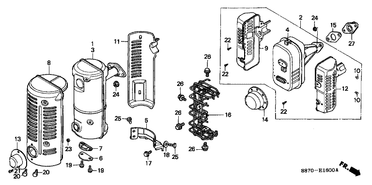 ЗАПЧАСТИ ДЛЯ ДВИГАТЕЛЯ БЕНЗИНОВОГО HONDA G150 (ТИП HQ) (ГЛУШИТЕЛЬ)