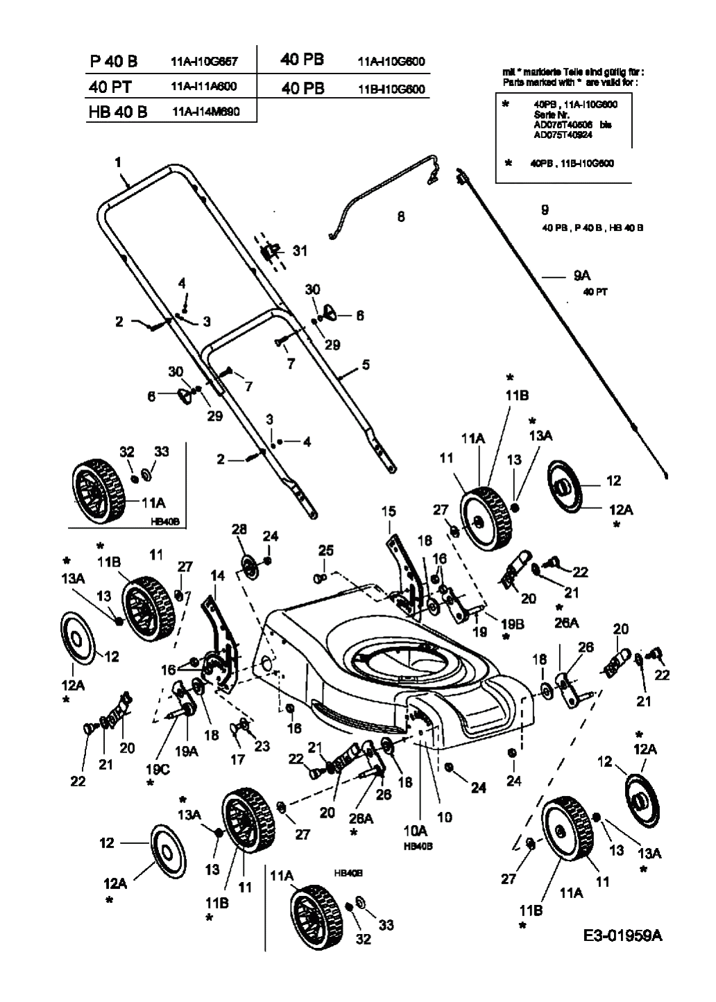 Газонокосилка MTD 40 PB (11A-I10G600,2005г.) - Ручка, колеса, регулятор высоты реза