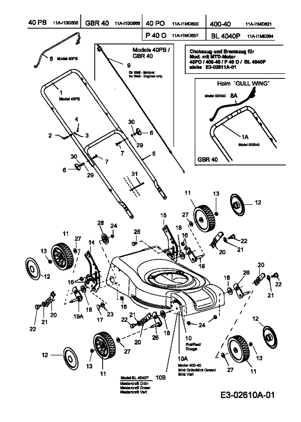 Газонокосилка MTD 40 PB (11A-I10G600,2006г.) - Ручка, колеса, регулятор высоты реза
