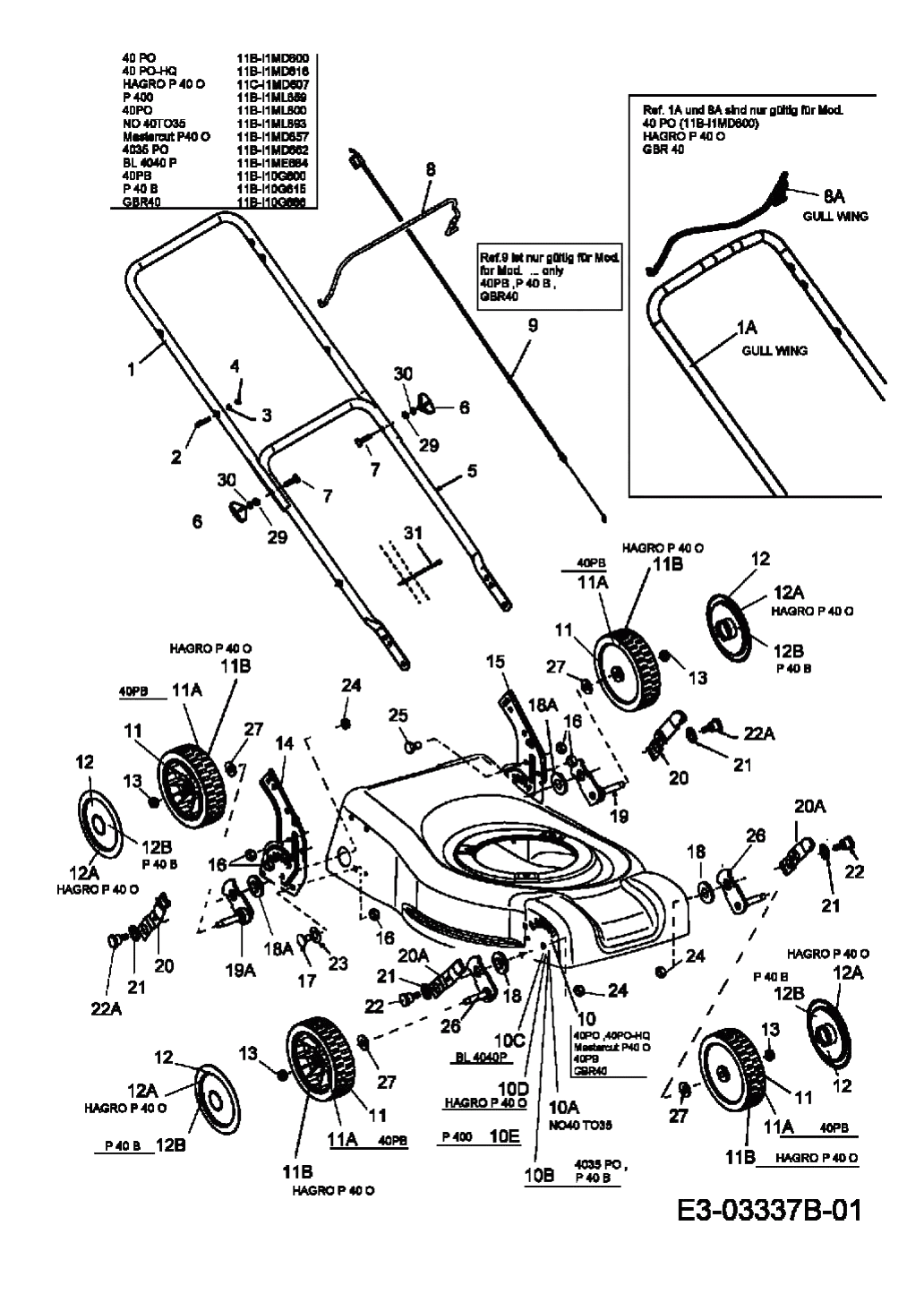 MTD Артикул 11B-I10G600 (год выпуска 2008). Ручка, колеса, регулятор высоты реза