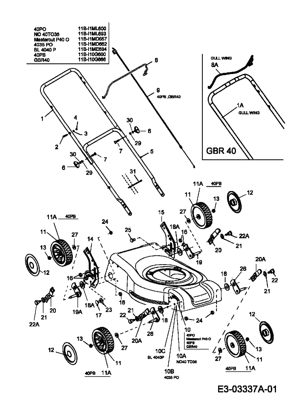MTD Артикул 11B-I1ML600 (год выпуска 2007). Ручка, колеса, регулятор высоты реза
