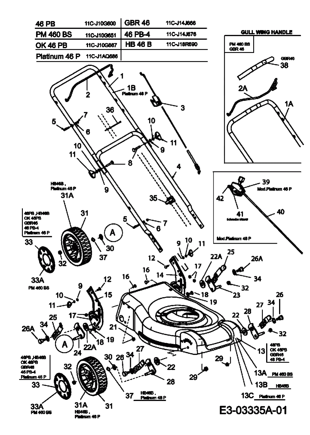MTD Артикул 11C-J10G600 (год выпуска 2007). Ручка, колеса, регулятор высоты реза