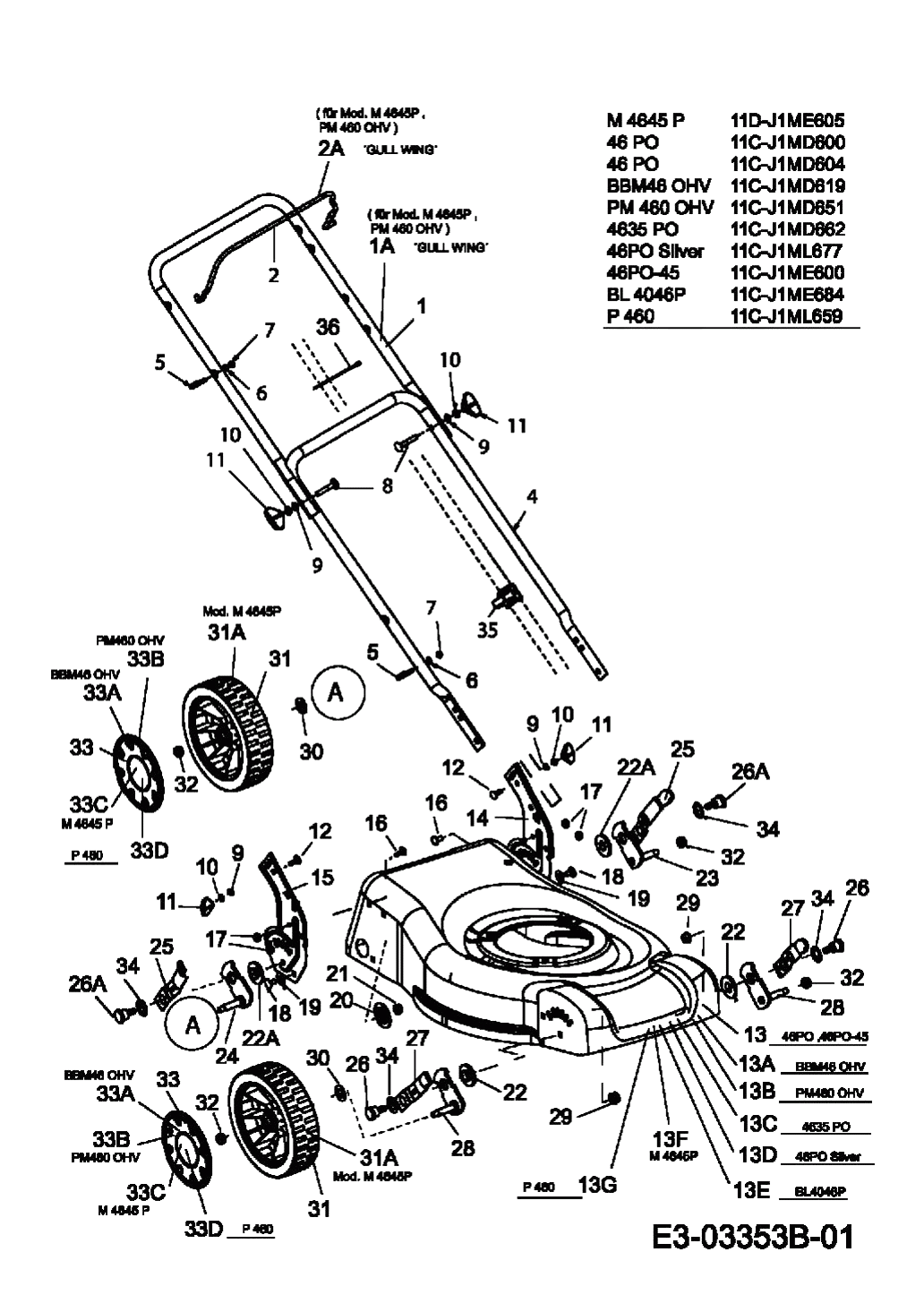 MTD Артикул 11C-J1MD600 (год выпуска 2008). Ручка, колеса, регулятор высоты реза