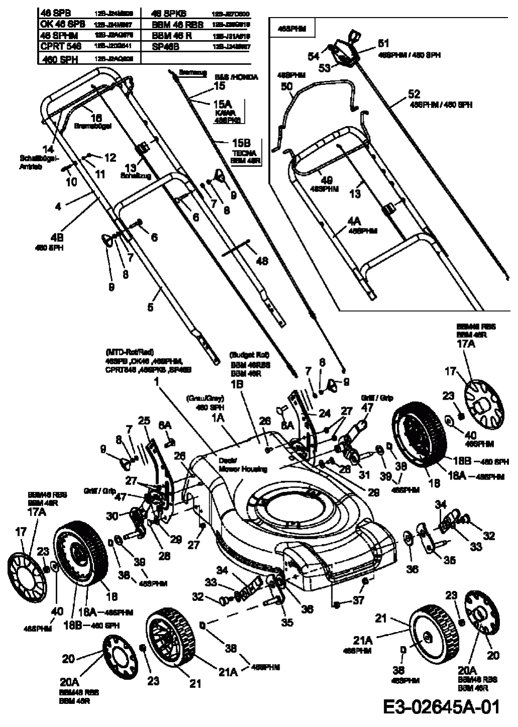 MTD Артикул 12B-J2AQ678 (год выпуска 2006). Ручка, колеса, регулятор высоты реза