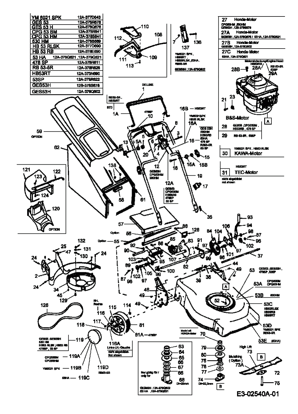 MTD Артикул 12A-378R622 (год выпуска 2005). Основная деталировка