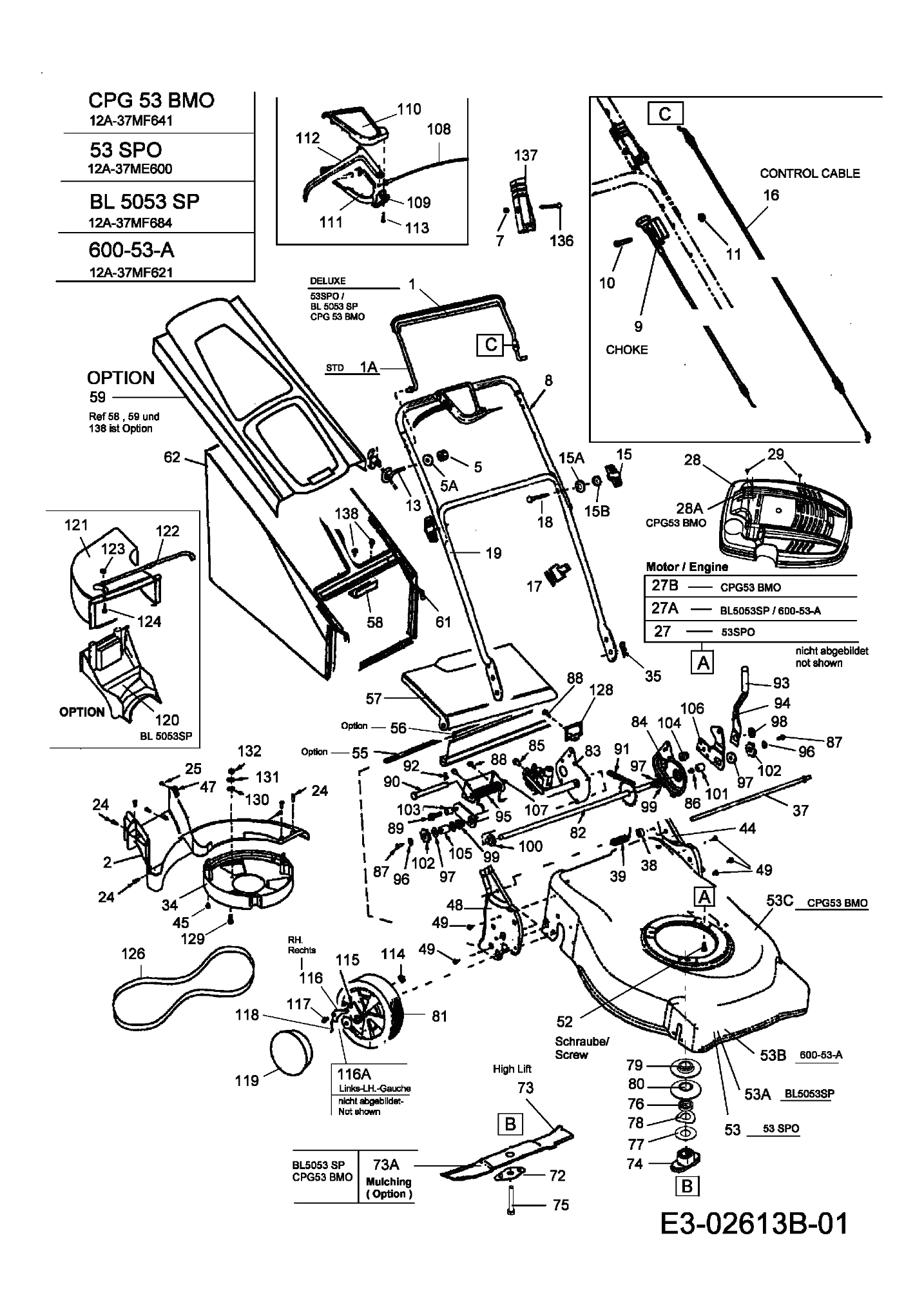 MTD Артикул 12A-37ME600 (год выпуска 2007). Основная деталировка