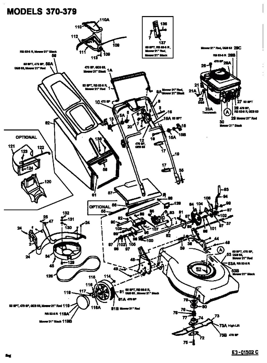 MTD Артикул 12A-373N600 (год выпуска 2002). Основная деталировка