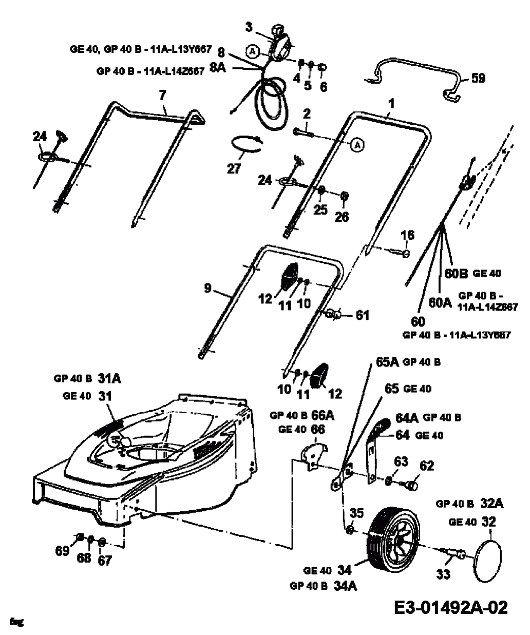 MTD Артикул 11B-L00Z678 (год выпуска 2000). Ручка, колеса, регулятор высоты реза