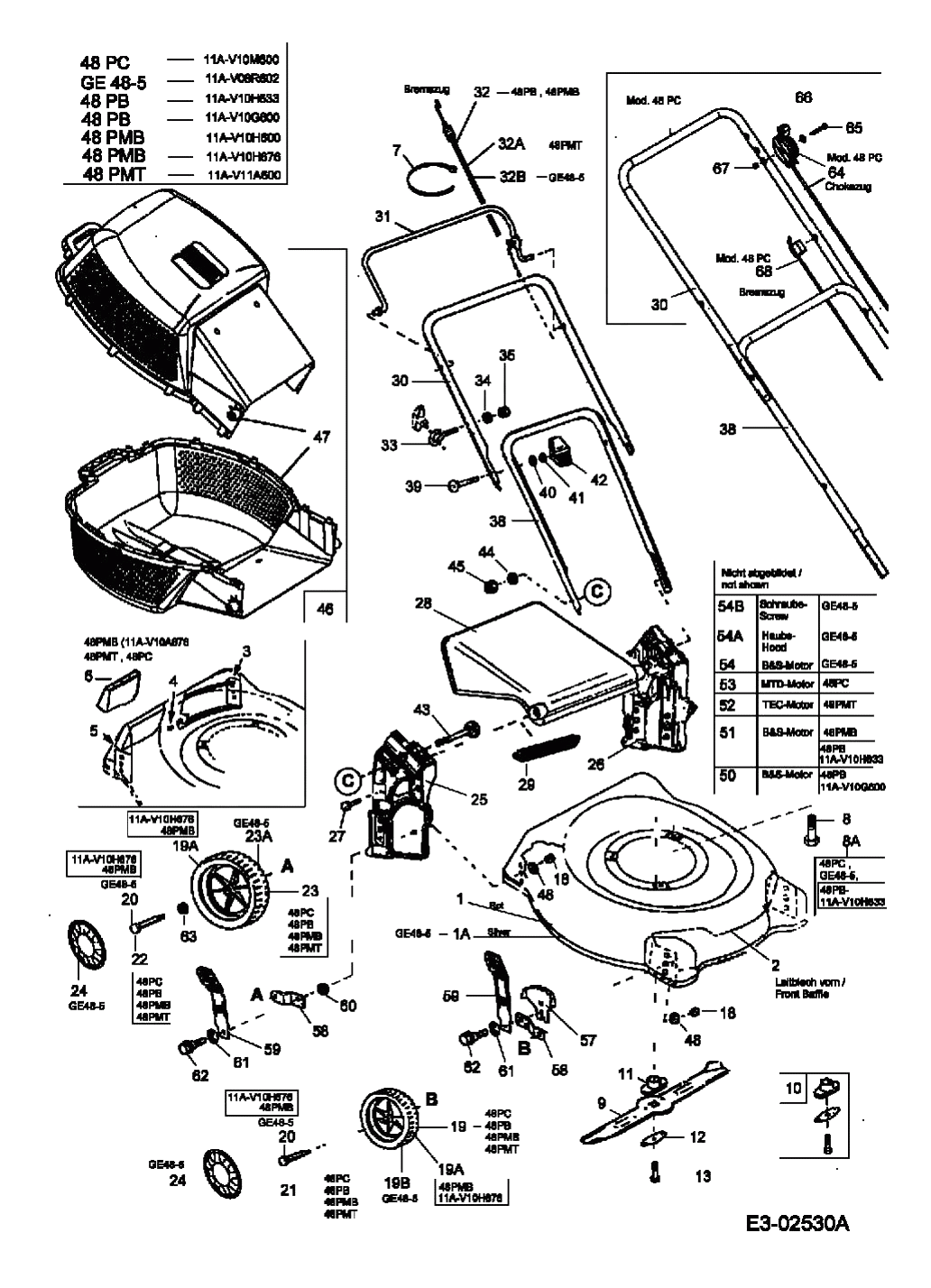 MTD Артикул 11A-V08R602 (год выпуска 2005). Основная деталировка