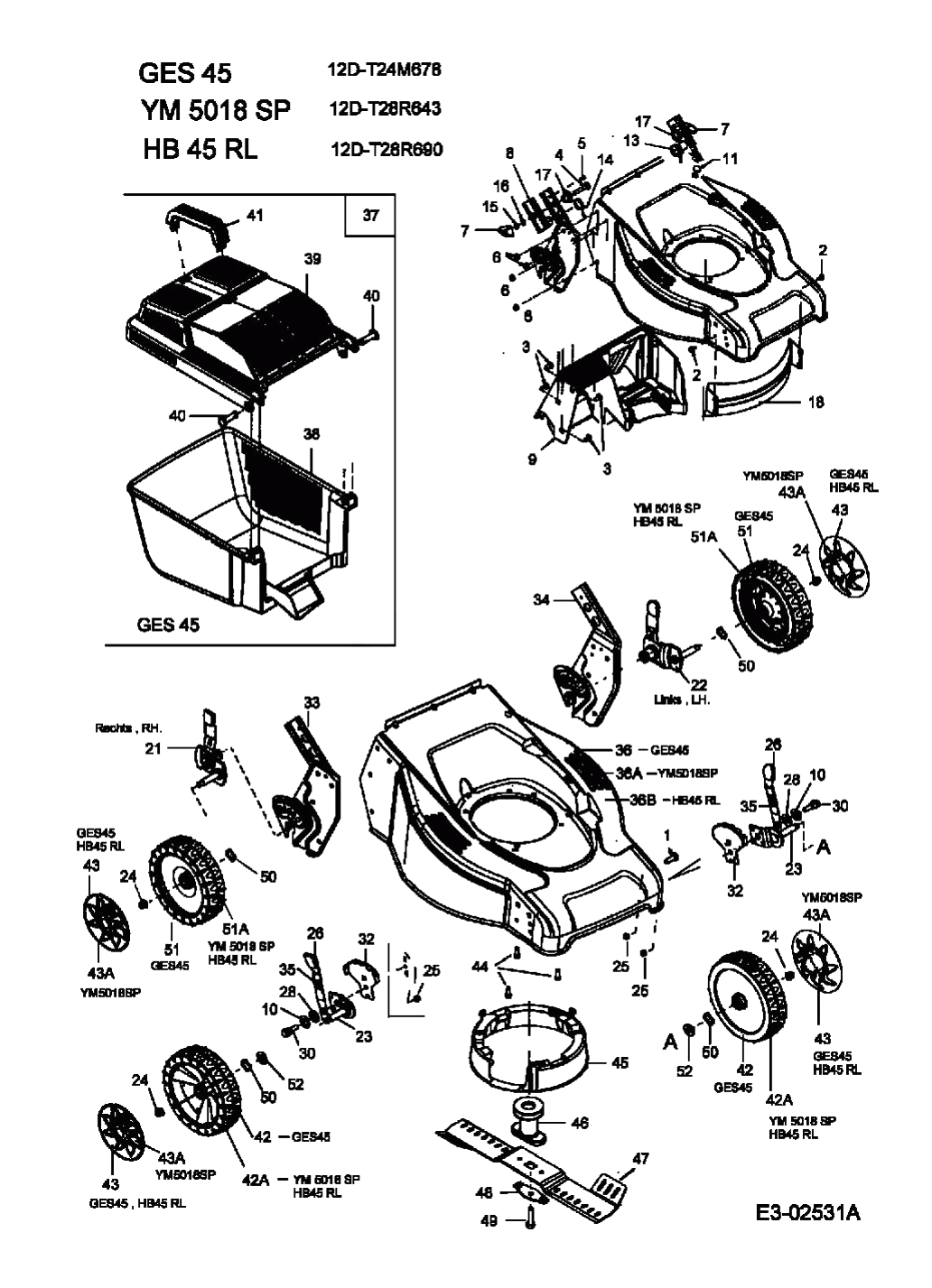 MTD Артикул 12D-T24M678 (год выпуска 2005). Травосборник, нож, колеса, Регулятор высоты среза