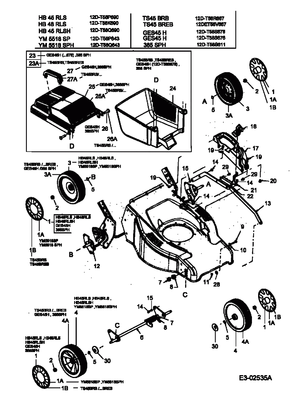 MTD Артикул 12D-T58S676 (год выпуска 2005). Травосборник, колеса, Регулятор высоты среза