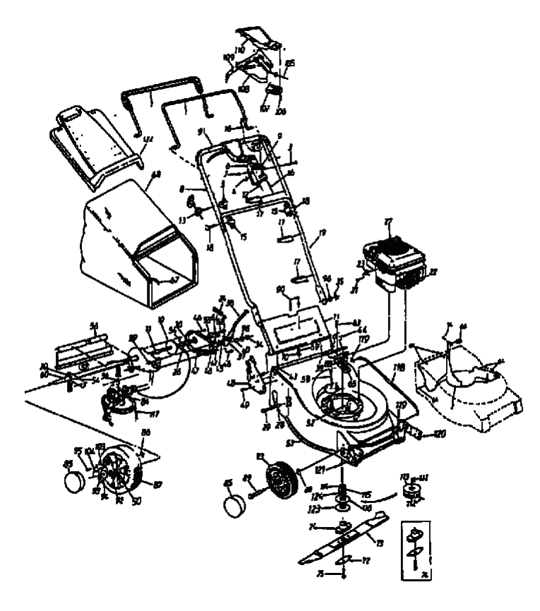 MTD Артикул 12A-694E678 (год выпуска 1998). Основная деталировка