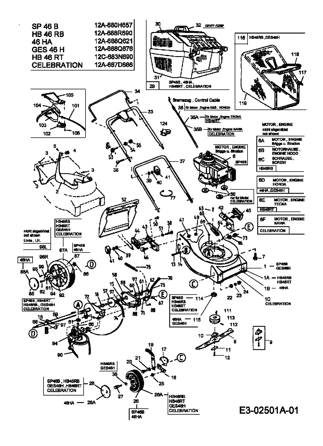 MTD Артикул 12A-688Q676 (год выпуска 2005). Основная деталировка