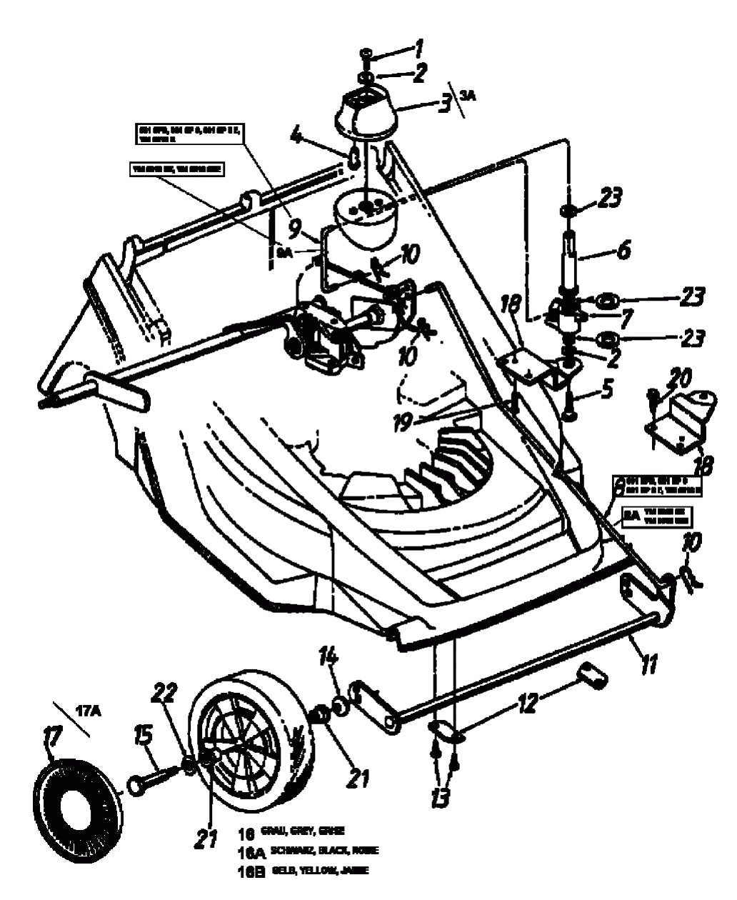 MTD Артикул 12A-649Y678 (год выпуска 1999). Передние колеса, регулятор высоты реза