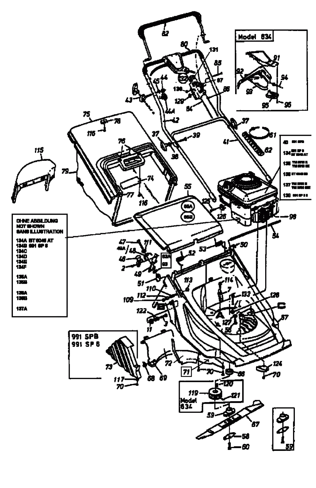 MTD Артикул 12A-649Y678 (год выпуска 1999). Основная деталировка