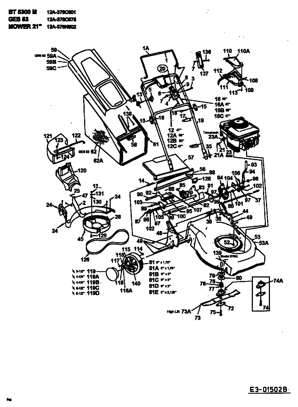 MTD Артикул 12AE378O678 (год выпуска 1998). Основная деталировка