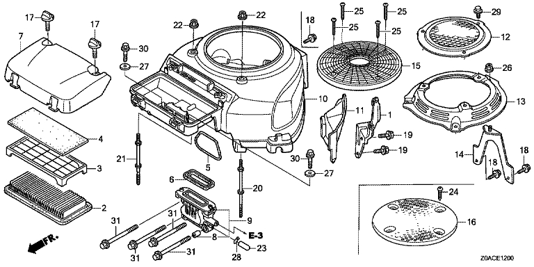 ЗАПЧАСТИ ДЛЯ ДВИГАТЕЛЯ БЕНЗИНОВОГО HONDA GCV530 (ТИП PEE9 GJAJM-1051340) (КОЖУХ МАХОВИКА)