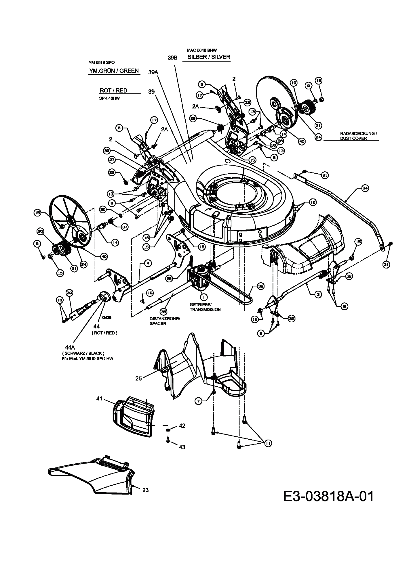 MTD Артикул 12A-127D678 (год выпуска 2009). Коробка передач, Задний дефлектор, Регулятор высоты среза