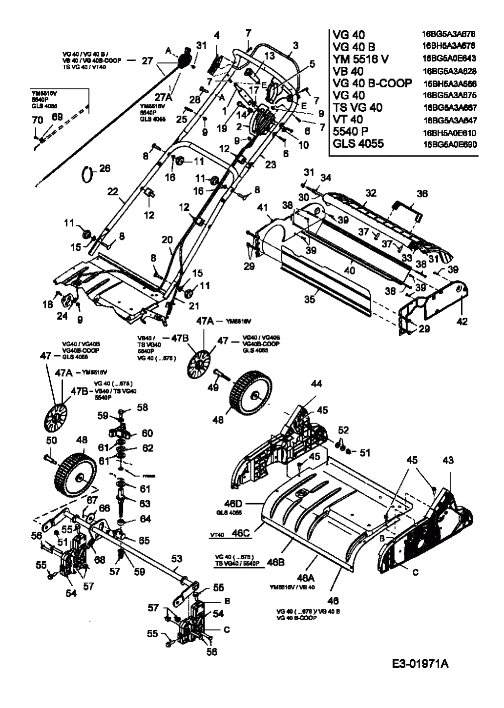 MTD Артикул 16BG5A3A678 (год выпуска 2005). Ручка, регулятор высоты, колеса