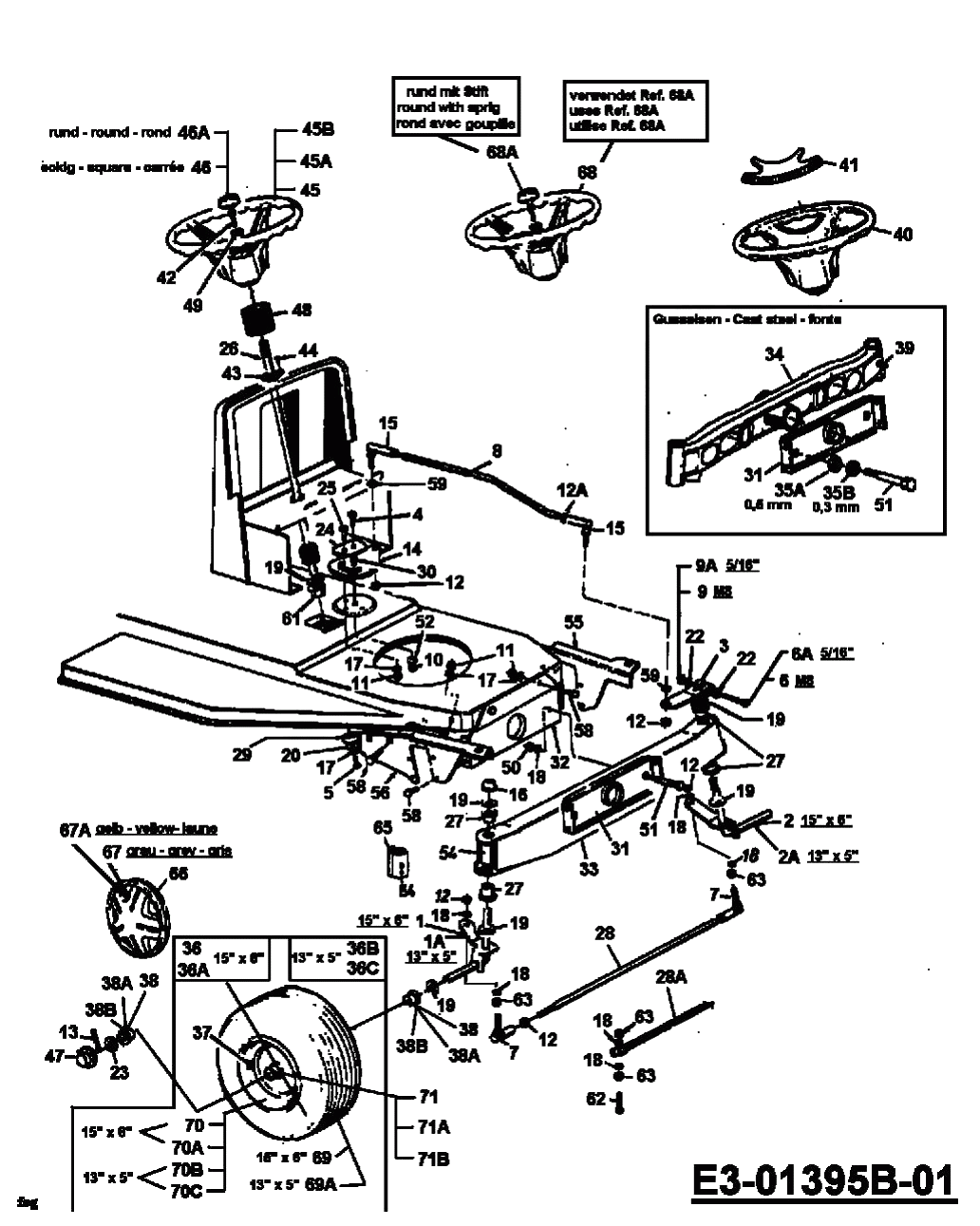 MTD Артикул 13AH455F661 (год выпуска 1999). Рулевое управление, передние колеса, центральная стойка