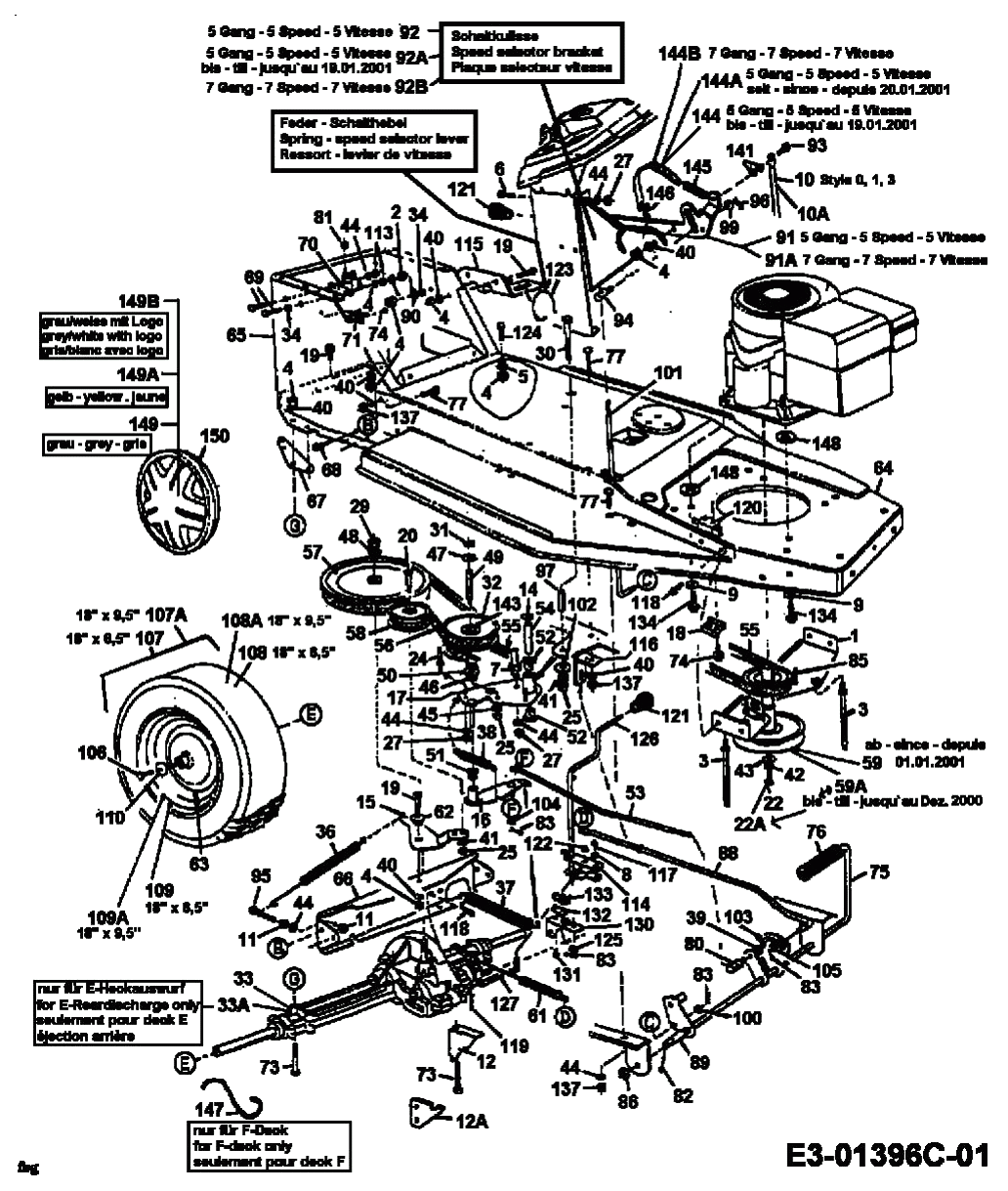 MTD Артикул 13AA470F600 (год выпуска 2000). Система привода, шкив двигателя, педали, задние колеса