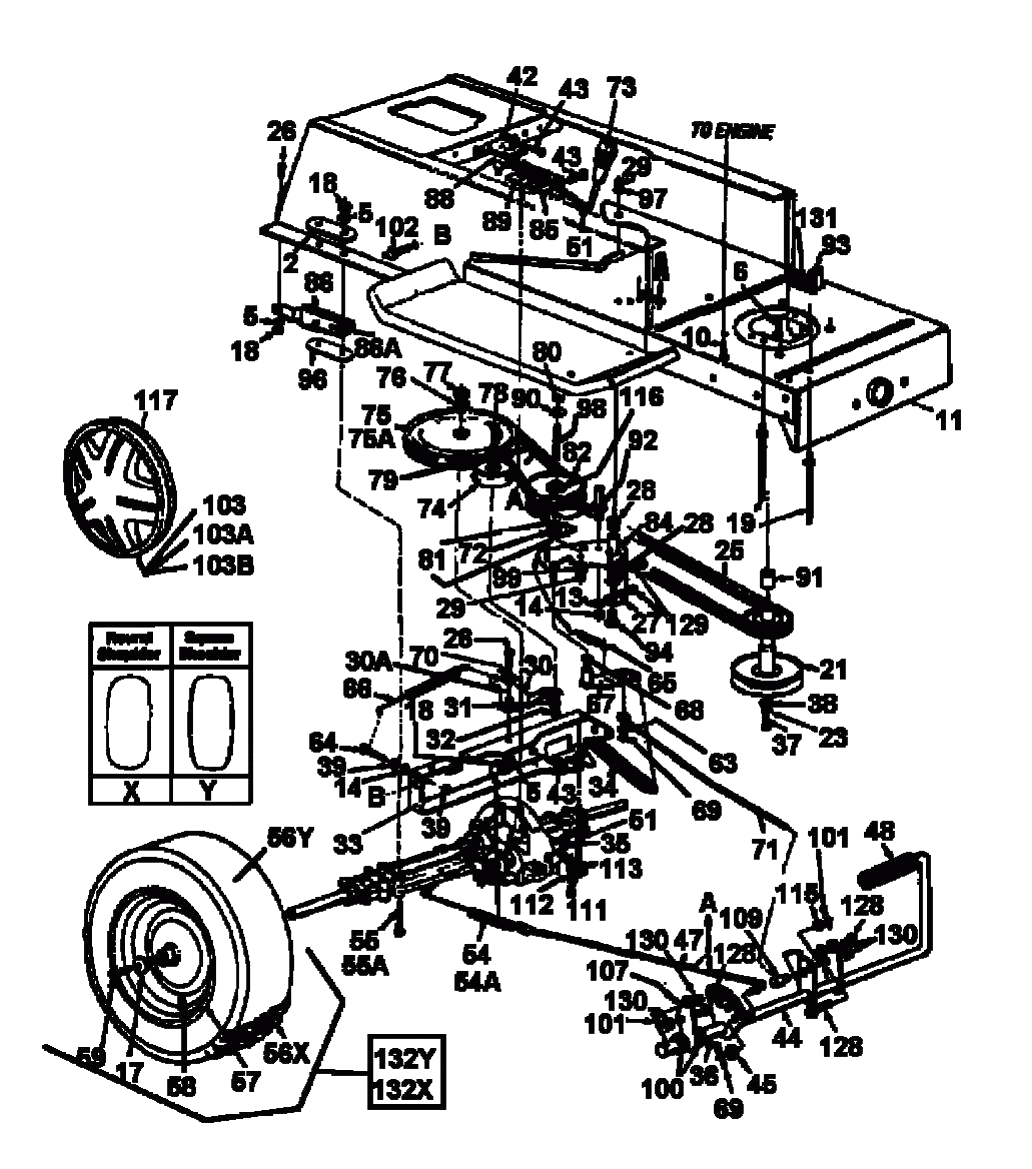 MTD Артикул 13AM675G678 (год выпуска 1998). Система привода, шкив двигателя, педали, задние колеса