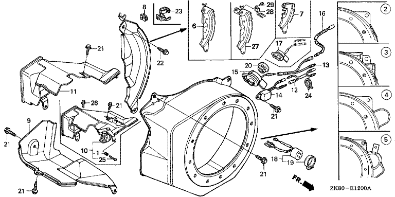 ЗАПЧАСТИ ДЛЯ ДВИГАТЕЛЯ БЕНЗИНОВОГО HONDA GX160K1 (ТИП HHQ4 GC02-8670001-9099999) (КОЖУХ МАХОВИКА)