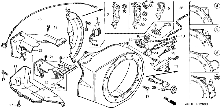 ЗАПЧАСТИ ДЛЯ ДВИГАТЕЛЯ БЕНЗИНОВОГО HONDA GX160K1 (ТИП HXE8 GC02-2000001-8669999) (КОЖУХ МАХОВИКА)