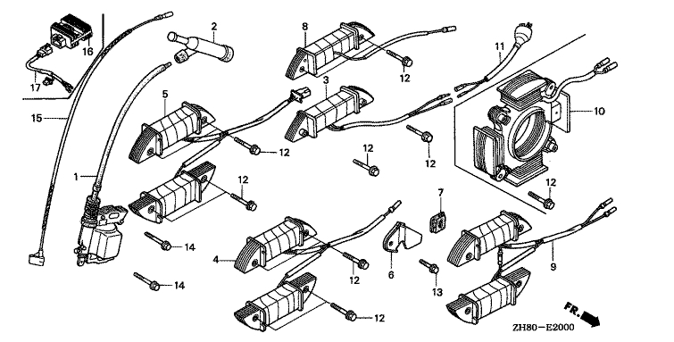 ЗАПЧАСТИ ДЛЯ ДВИГАТЕЛЯ БЕНЗИНОВОГО HONDA GX160K1 (ТИП HXE8 GC02-2000001-8669999) (СИСТЕМА ЗАЖИГАНИЯ)