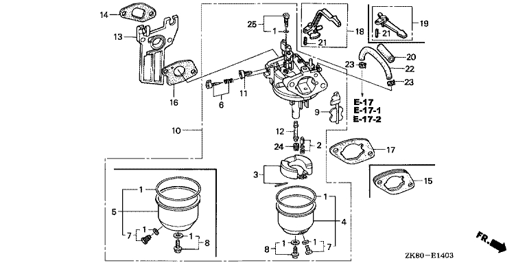 ЗАПЧАСТИ ДЛЯ ДВИГАТЕЛЯ БЕНЗИНОВОГО HONDA GX160K1 (ТИП KR GC02-8670001-9099999) (КАРБЮРАТОР)