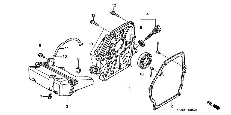 ЗАПЧАСТИ ДЛЯ ДВИГАТЕЛЯ БЕНЗИНОВОГО HONDA GX160K1 (ТИП KR GC02-8670001-9099999) (КРЫШКА КАРТЕРА)