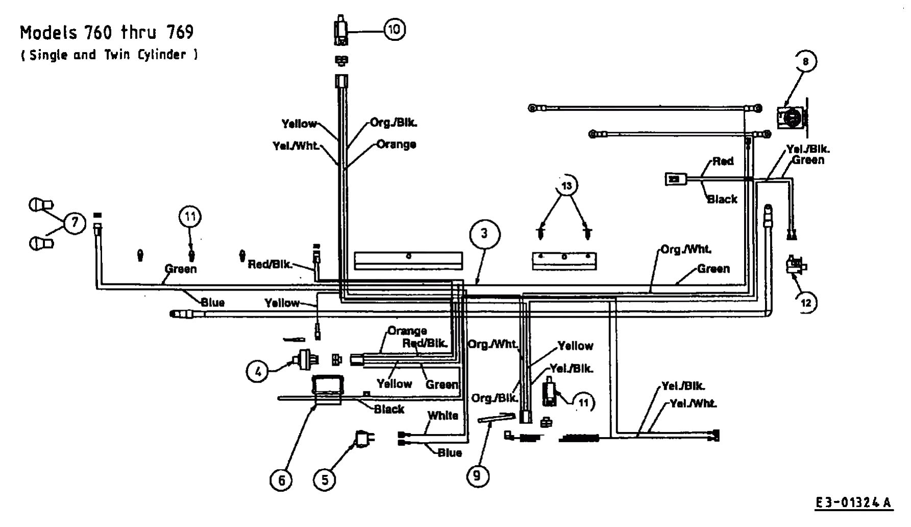 MTD Артикул 13AF765N678 (год выпуска 1998). Монтажная схема для одно и двух цилиндрового двигателя