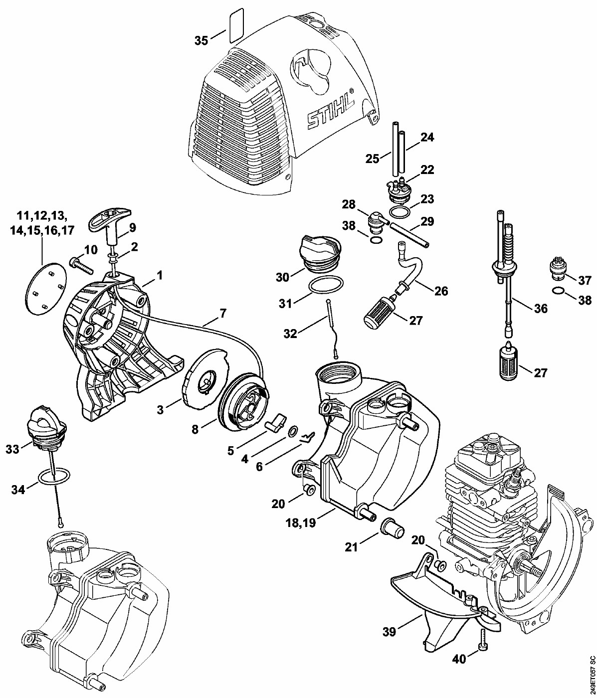 ЗАПЧАСТИ ДЛЯ ТРИММЕРА БЕНЗИНОВОГО STIHL FS 100, FS 100 R, FS 100 RX, FS 110, FS 110 R, FS 110 X, FS 110 RX (СТАРТЕР РУЧНОЙ, БАК ТОПЛИВНЫЙ)