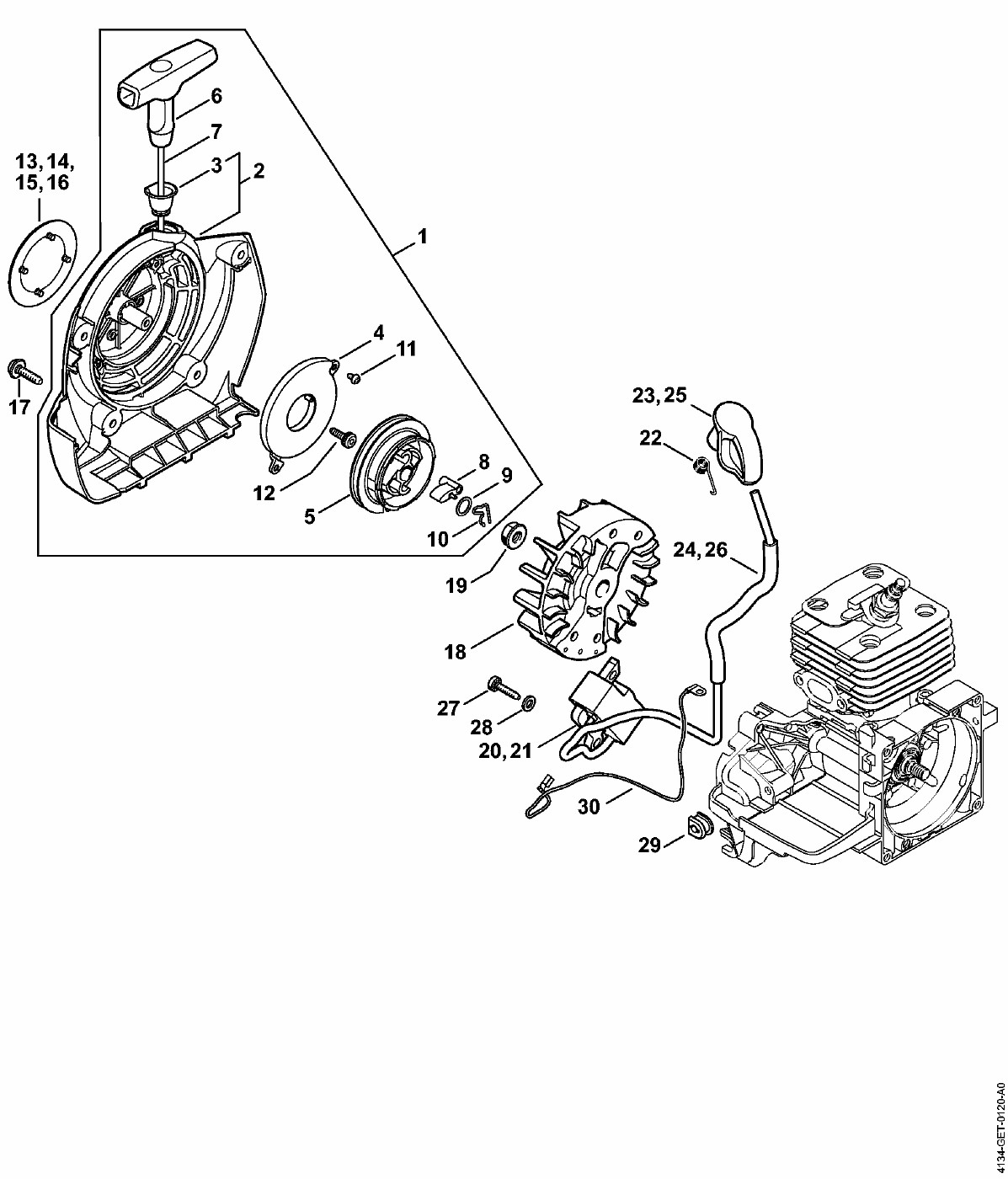 ЗАПЧАСТИ ДЛЯ ТРИММЕРА БЕНЗИНОВОГО STIHL FS 120, FS 120 R, FS 200, FS 200 R, FS 250, FS 250 R (СТАРТЕР РУЧНОЙ, СИСТЕМА ЗАЖИГАНИЯ)