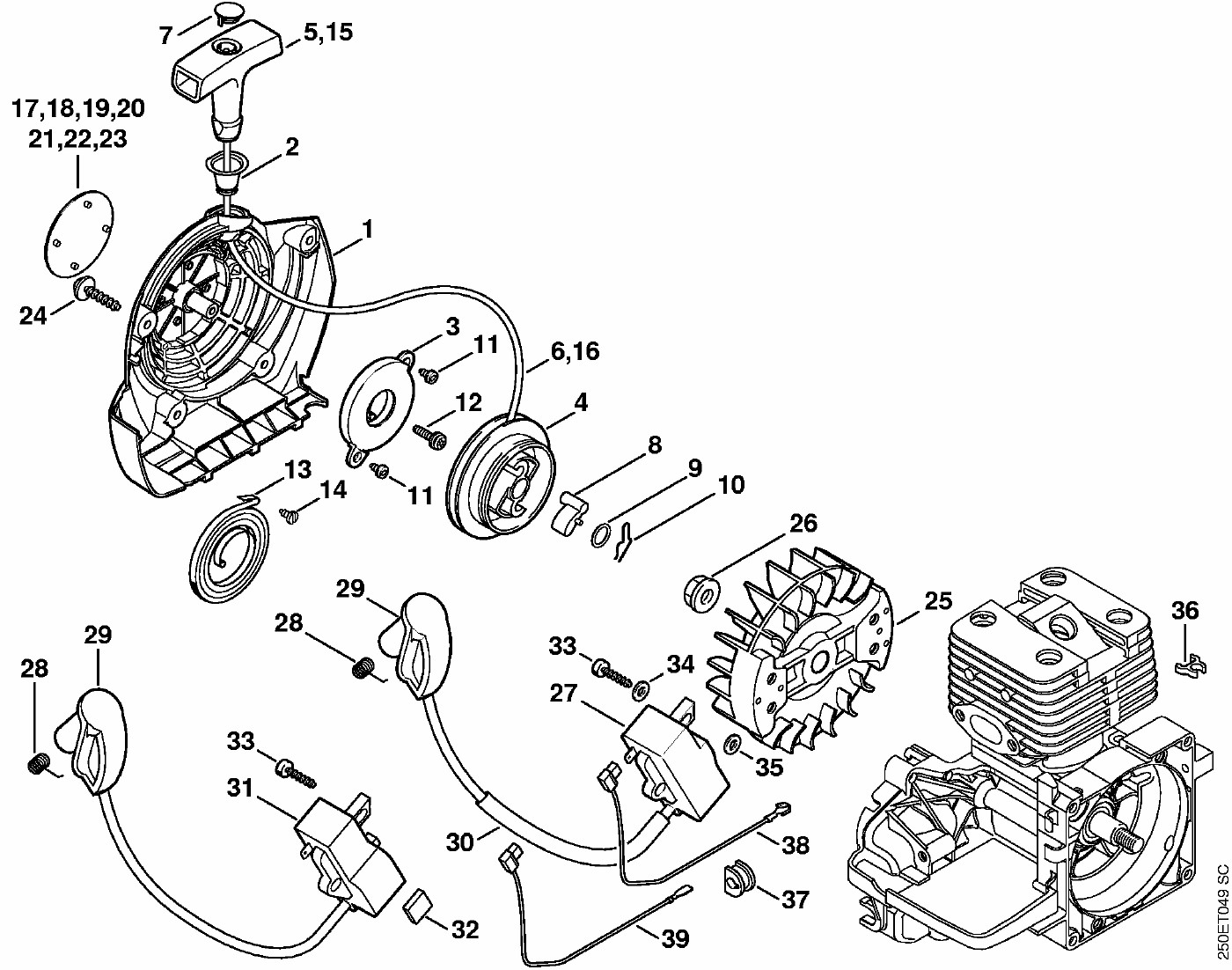 ЗАПЧАСТИ ДЛЯ ТРИММЕРА БЕНЗИНОВОГО STIHL FS 120, FS 120 R, FS 200, FS 200 R, FS 250, FS 250 R (СТАРТЕР РУЧНОЙ, СИСТЕМА ЗАЖИГАНИЯ - 809 249 646 (10.2016))