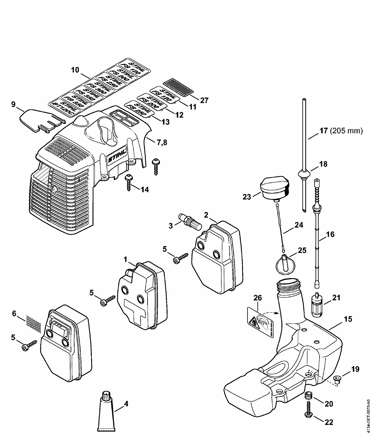 ЗАПЧАСТИ ДЛЯ ТРИММЕРА БЕНЗИНОВОГО STIHL FS 120, FS 120 R, FS 200, FS 200 R, FS 250, FS 250 R (ГЛУШИТЕЛЬ, КОЖУХ - 809 249 646 (10.2016))
