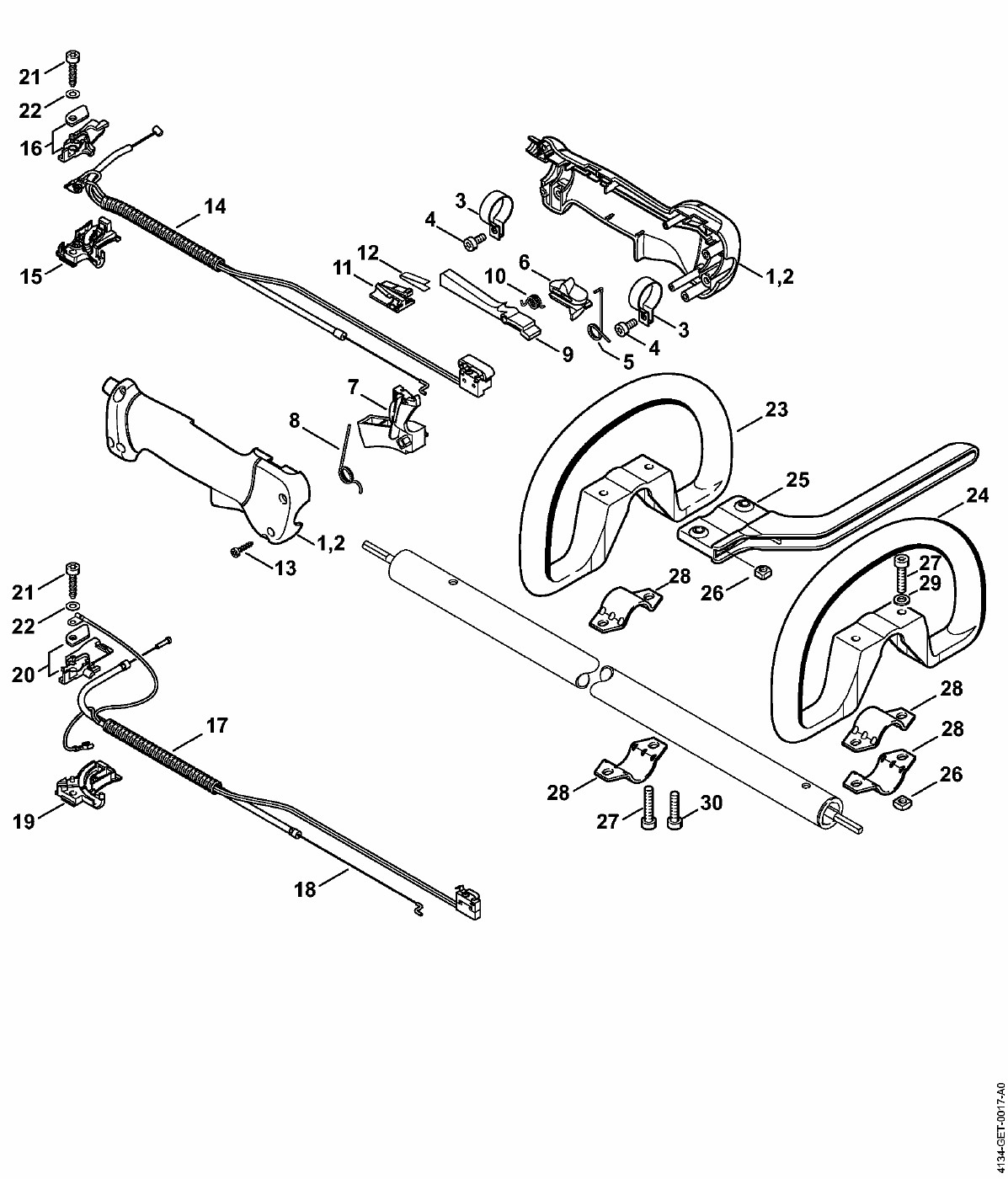 ЗАПЧАСТИ ДЛЯ ТРИММЕРА БЕНЗИНОВОГО STIHL FS 120, FS 120 R, FS 200, FS 200 R, FS 250, FS 250 R (РУКОЯТКА УПРАВЛЕНИЯ)