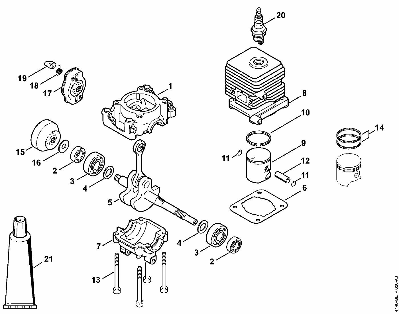 ЗАПЧАСТИ ДЛЯ КОМБИДВИГАТЕЛЯ БЕНЗИНОВОГО STIHL KM 55, KM 55 C, KM 55 R, KM 55 RC (КАРТЕР, ЦИЛИНДР, ПОРШНЕВАЯ ГРУППА)