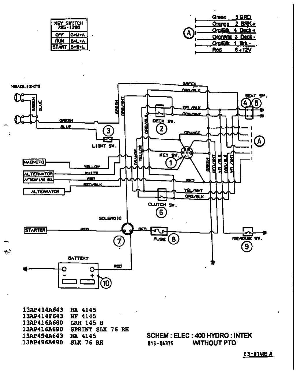 MTD Артикул 13AP418F678 (год выпуска 2003). Монтажная схема Intek без электрического сцепления