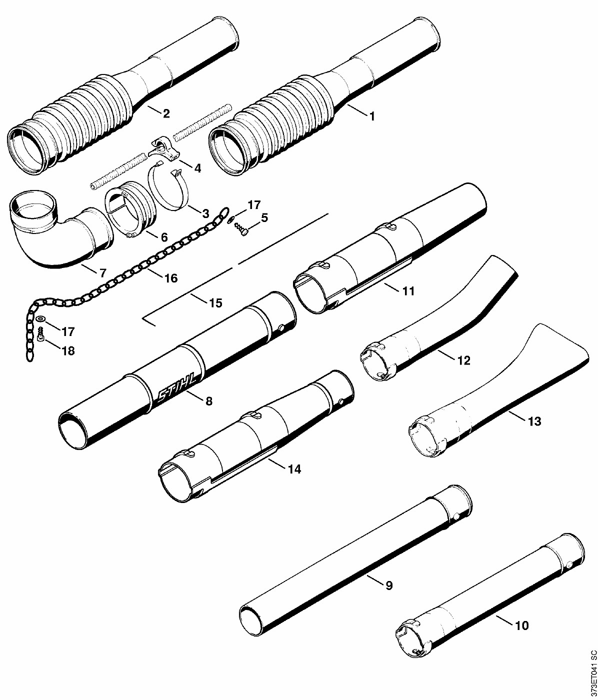 ЗАПЧАСТИ ДЛЯ ВОЗДУХОДУВКИ РАНЦЕВОЙ БЕНЗИНОВОЙ STIHL BR 340, BR 340 L, BR 380, BR 420, BR 420 C (ШЛАНГ ГОФРИРОВАННЫЙ, ТРУБА ПНЕВМАТИЧЕСКАЯ)