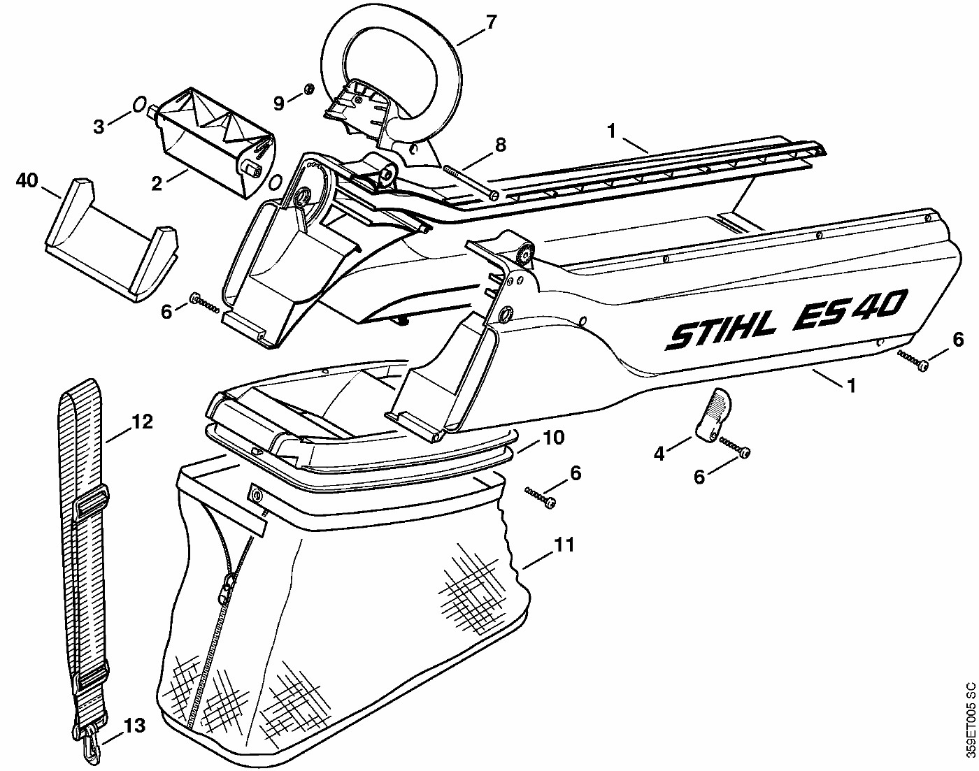 ЗАПЧАСТИ ДЛЯ ВОЗДУХОДУВКИ-ПЫЛЕСОСА ЭЛЕКТРИЧЕСКОЙ STIHL ES 40 (ВОЗДУХОПРОВОД, МЕШОК)