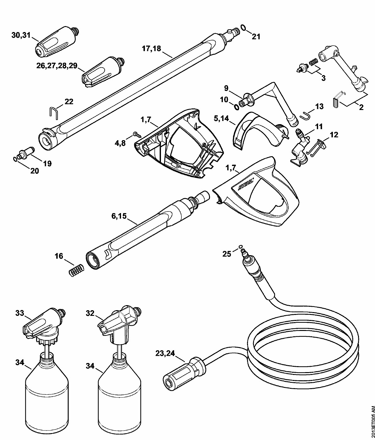 ЗАПЧАСТИ ДЛЯ АППАРАТА ВЫСОКОГО ДАВЛЕНИЯ ЭЛЕКТРИЧЕСКОГО STIHL RE 109, RE 119, RE 129 PLUS (ПИСТОЛЕТ-РАСПЫЛИТЕЛЬ, ТРУБКА СТАЛЬНАЯ)