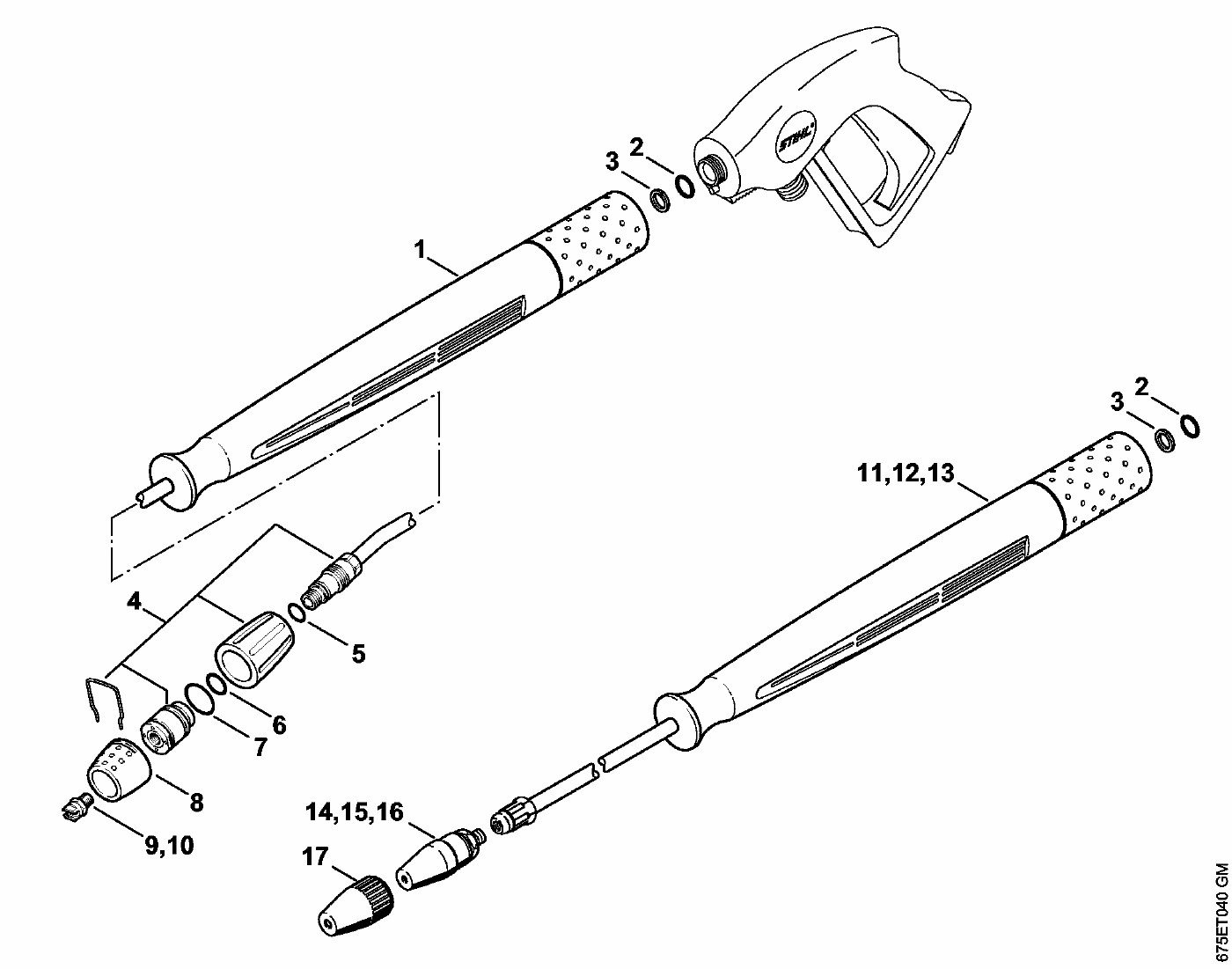 ЗАПЧАСТИ ДЛЯ АППАРАТА ВЫСОКОГО ДАВЛЕНИЯ ЭЛЕКТРИЧЕСКОГО STIHL RE 521, RE 551, RE 581 (ТРУБКА СТРУЙНАЯ, СОПЛО ВРАЩАЮЩЕЕСЯ)