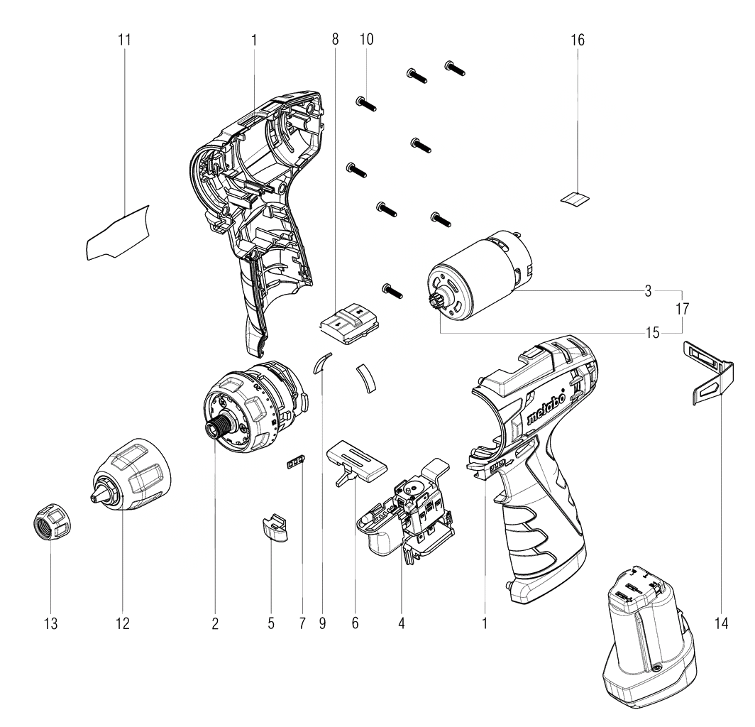 ЗАПЧАСТИ ДЛЯ ДРЕЛИ-ШУРУПОВЕРТА (ВИНТОВЕРТА) АККУМУЛЯТОРНОГО METABO POWERMAXX BS BASIC (ТИП 18139370)
