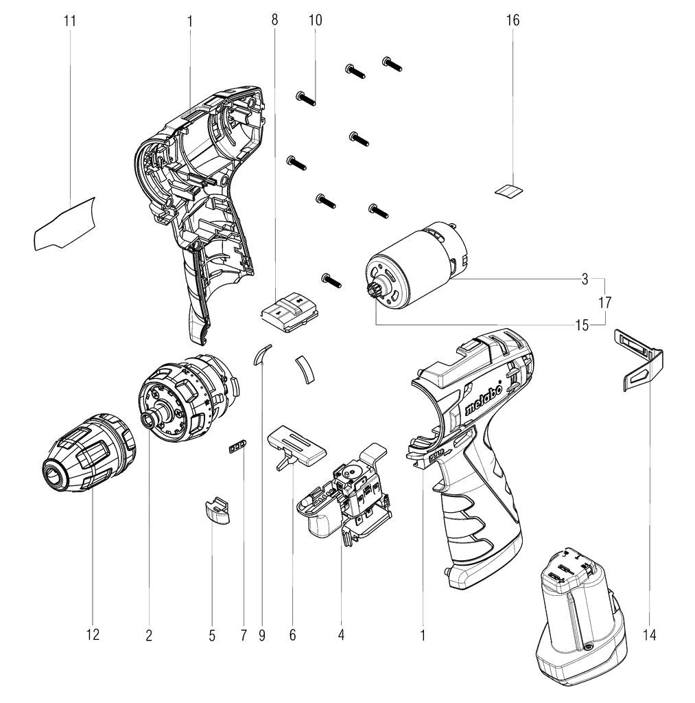 ЗАПЧАСТИ ДЛЯ ДРЕЛИ-ШУРУПОВЕРТА (ВИНТОВЕРТА) АККУМУЛЯТОРНОГО METABO POWERMAXX BS QUICK CLASSIC (ТИП 18138310)