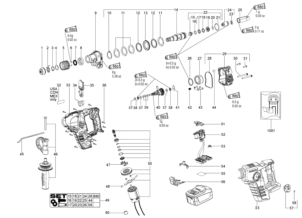 ЗАПЧАСТИ ДЛЯ ПЕРФОРАТОРА АККУМУЛЯТОРНОГО METABO BHA 18 LTX (6.00228.65) (ТИП 00228000)