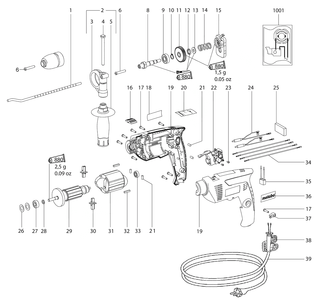 ЗАПЧАСТИ ДЛЯ ДРЕЛИ ЭЛЕКТРИЧЕСКОЙ УДАРНОЙ METABO SBE 601 SET (6.00601.87) (ТИП 00601000)