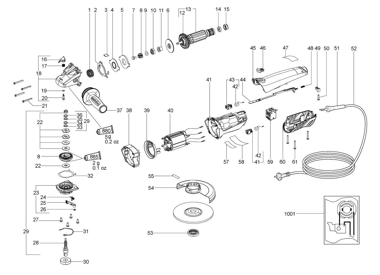 ЗАПЧАСТИ ДЛЯ МАШИНЫ ЭЛЕКТРИЧЕСКОЙ ШЛИФОВАЛЬНОЙ УГЛОВОЙ METABO WBA 11-125 QUICK (ТИП 01103001)